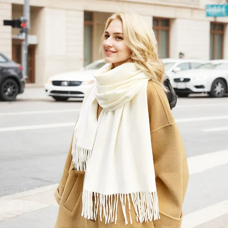 Solid Long Fringed Scarf for Draped Wrap Styling
