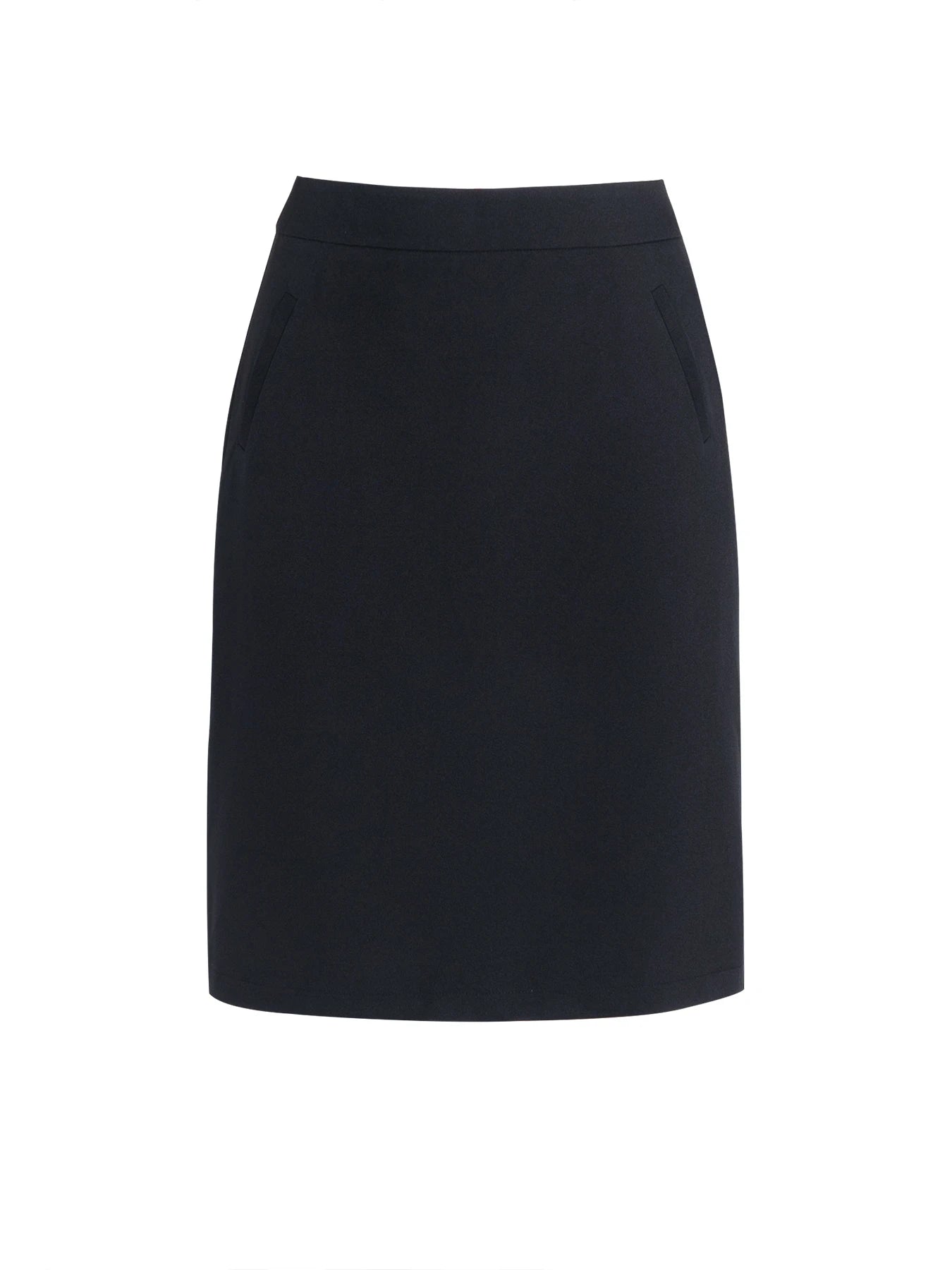 Women's Black Polyester High-Waist Midi Skirt with Pockets for Everyday Office Outfits