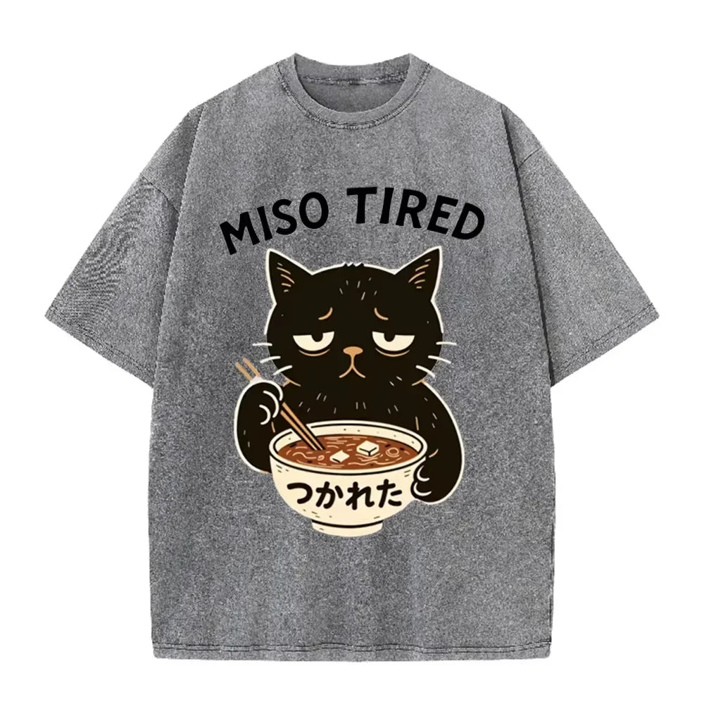 Vintage Washed Purple Miso Tired Black Cat Miso Soup Casual T Shirt