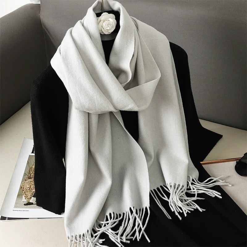 Solid Long Rectangular Scarf with Decorative Fringe Trim