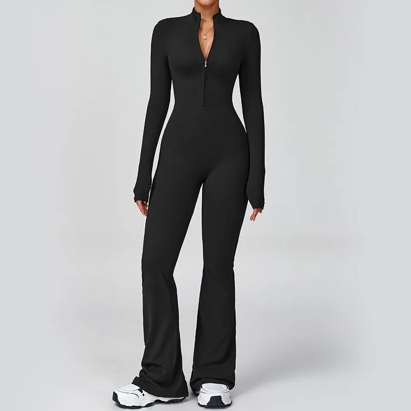Women's Long Sleeve Nylon Blend Flared Workout Jumpsuit with Front Zipper