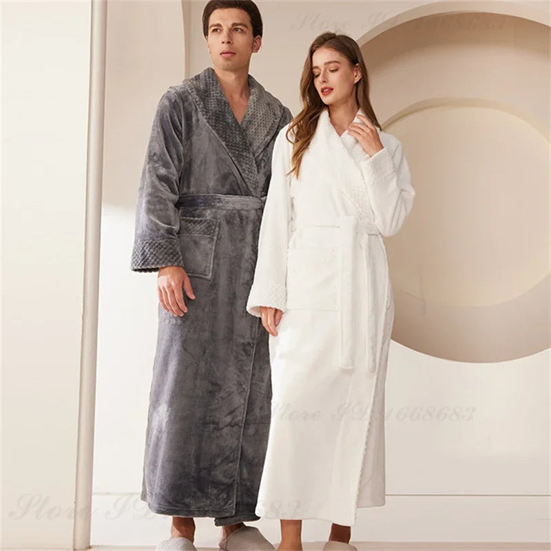 Long Flannel Fleece Tie Waist Bathrobe with Pockets