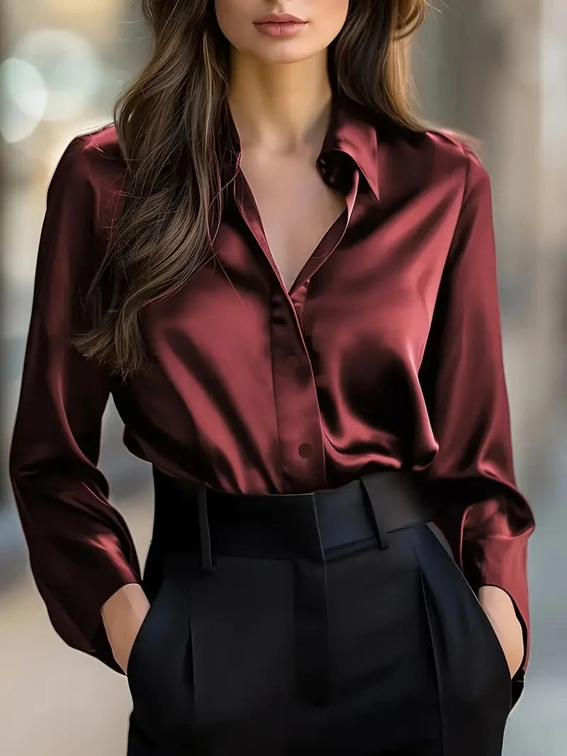 Women's Long Sleeve Button Front Satin Look Shirt