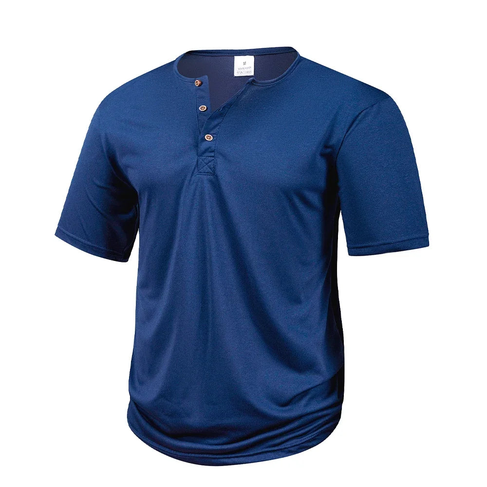 Men's Polyester Solid Short-Sleeve Henley T-Shirt with Button Placket for Casual Outfits