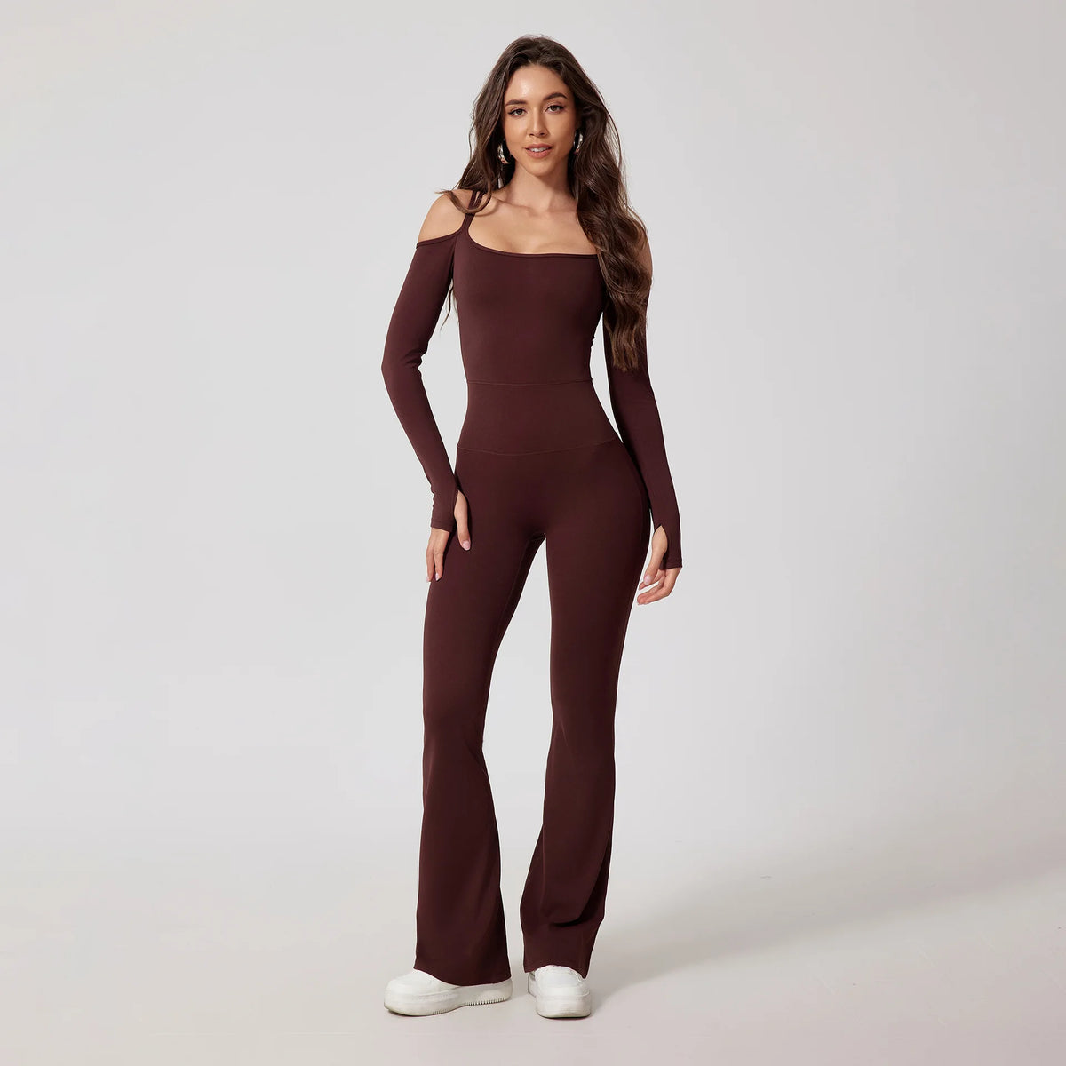 Women's Cold Shoulder Nylon Blend Workout Jumpsuit with Long Sleeves and Flared Legs