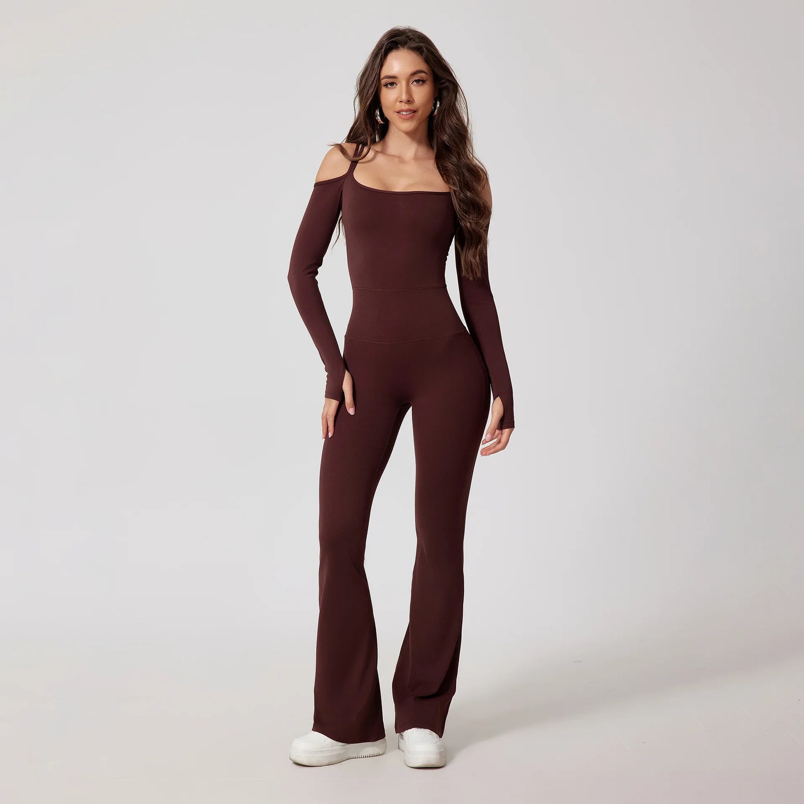 Women's Cold Shoulder Nylon Blend Workout Jumpsuit with Long Sleeves and Flared Legs