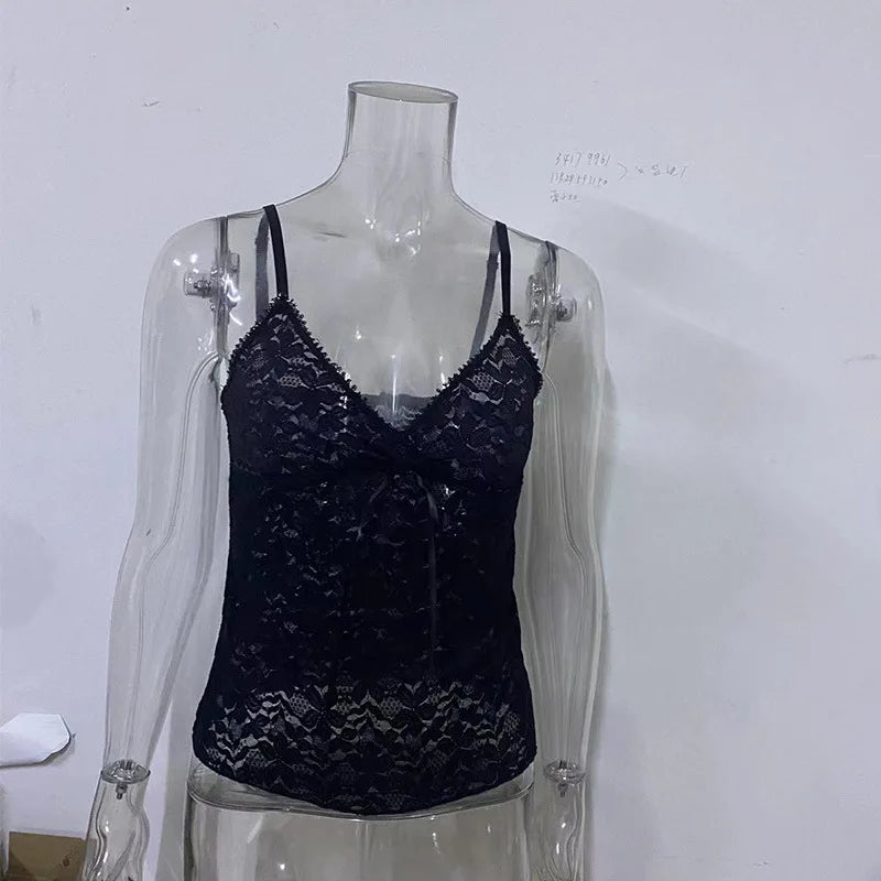 Women's Sheer Lace Camisole with a V Neckline and Thin Straps
