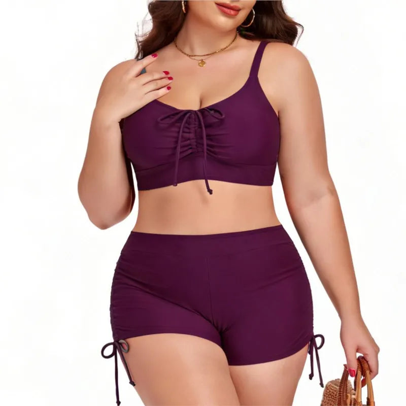 Women's Ruched Crop Top and Side Tie Shorts Bikini Set