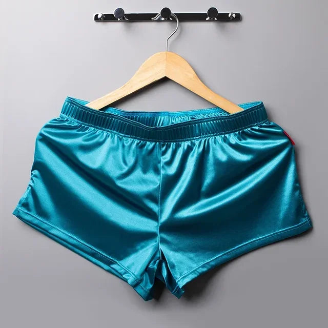 Men's Glossy Solid Split Hem Boxer Style Sleep Shorts
