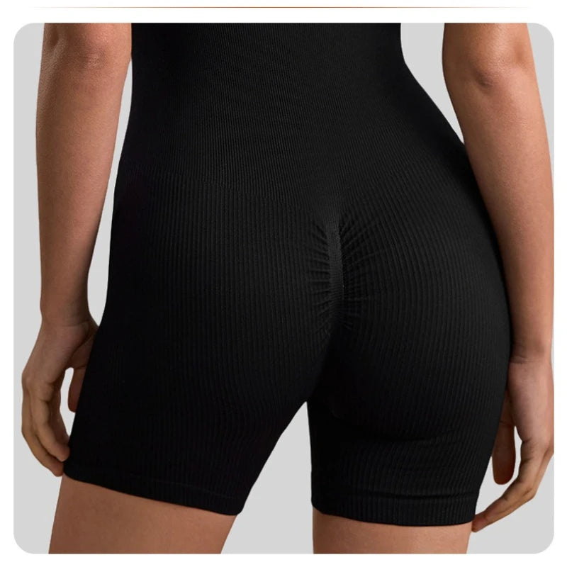 Women's Ribbed Nylon Blend Workout Romper with Contrast Trim and Scoop Neck