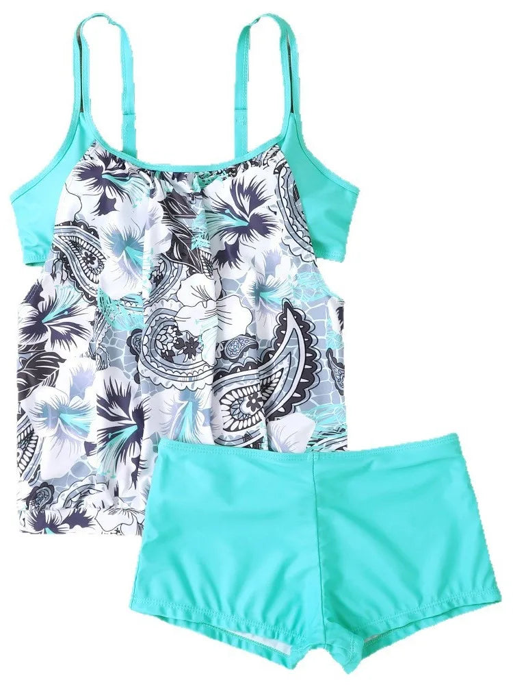 Women's Printed Blouson Tankini Top and Shorts Swim Set