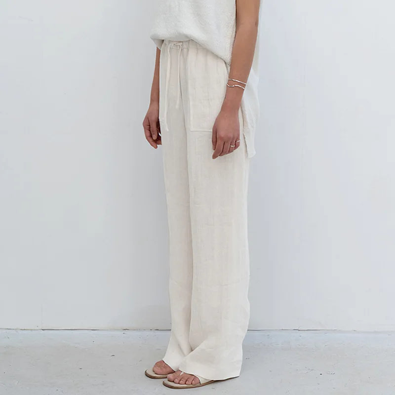 Women's Linen Loose Straight-Leg Full-Length Pants with Drawstring Waist and Side Pockets