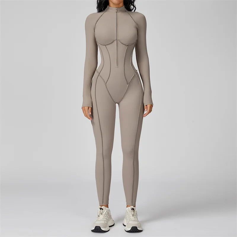 Women's Long Sleeve Nylon Blend Half Zip Workout Jumpsuit with Panel Seams