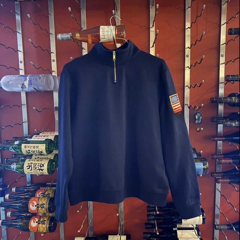 Cotton Flag-Embroidery Stand-Collar Quarter-Zip Sweatshirt