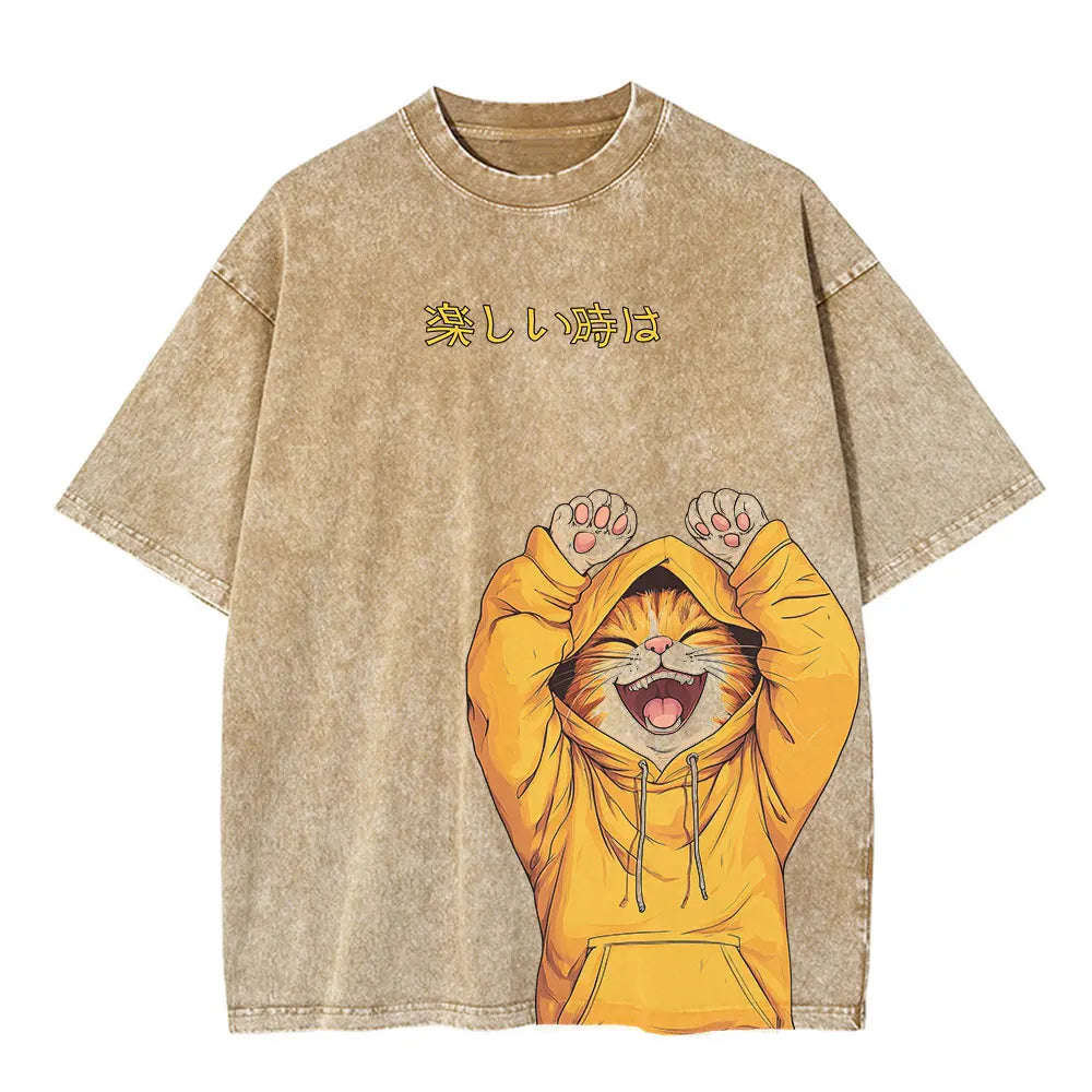 Funny Cat Print Oversized Hip Hop T-Shirt