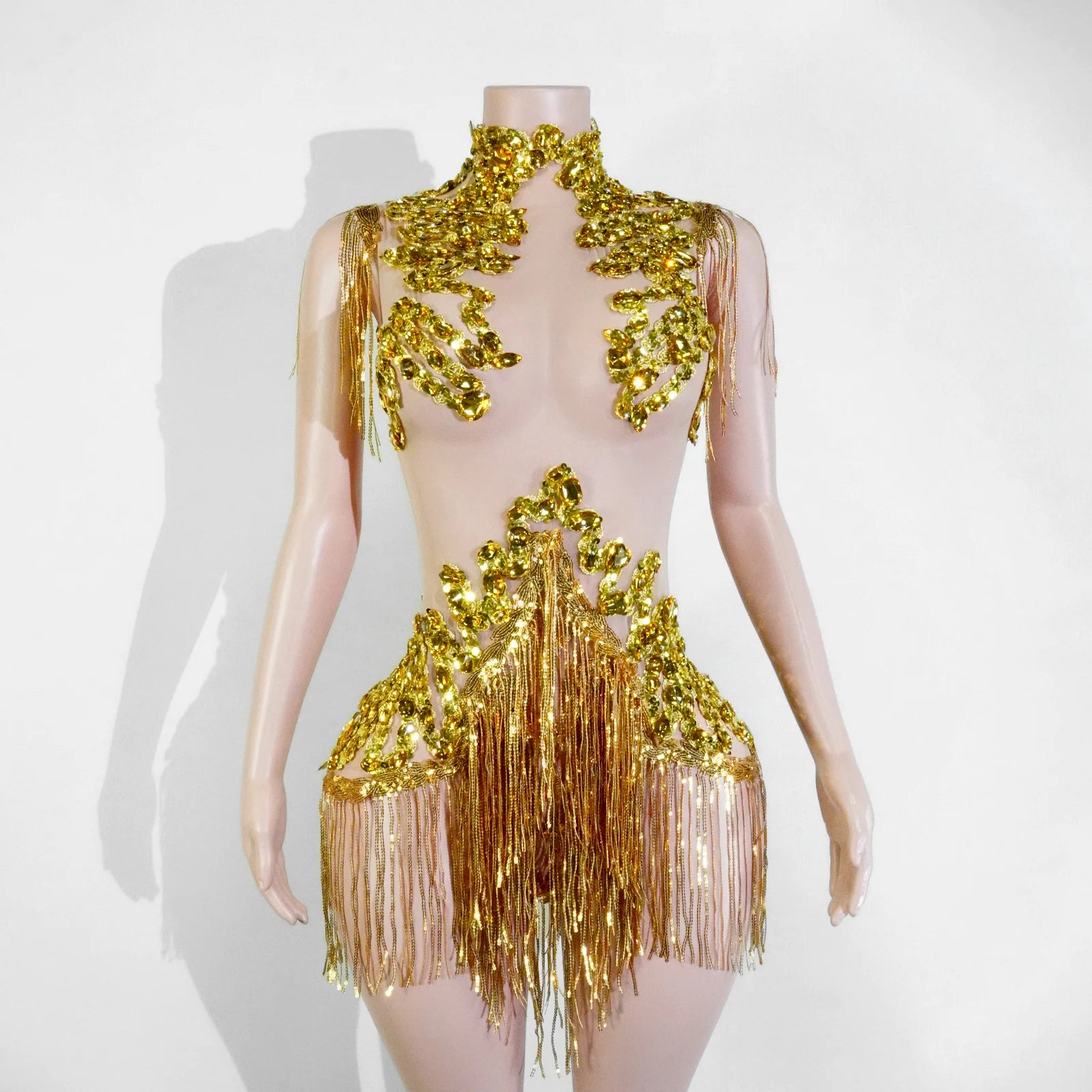 Women's Rhinestone Fringe Mesh Dance Bodysuit for Stage Costume Outfits