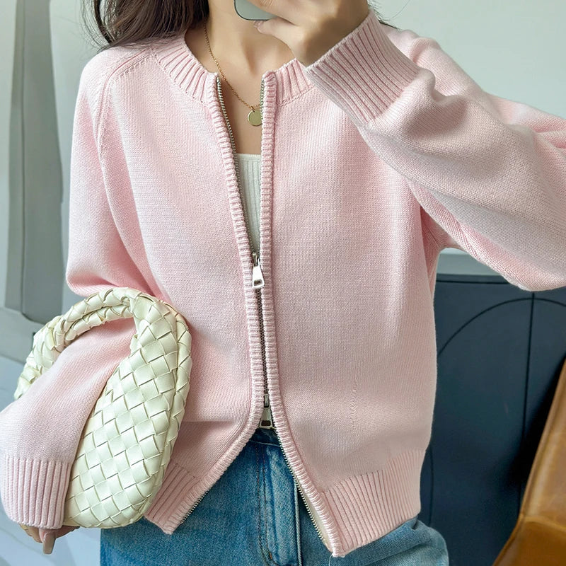 Women's Crew Neck Full Zip Cardigan Casual Knit Layer