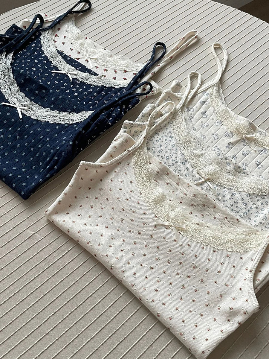 Women's Lace Trim Cotton Camisole with Bow Detail and Multiple Pattern Options