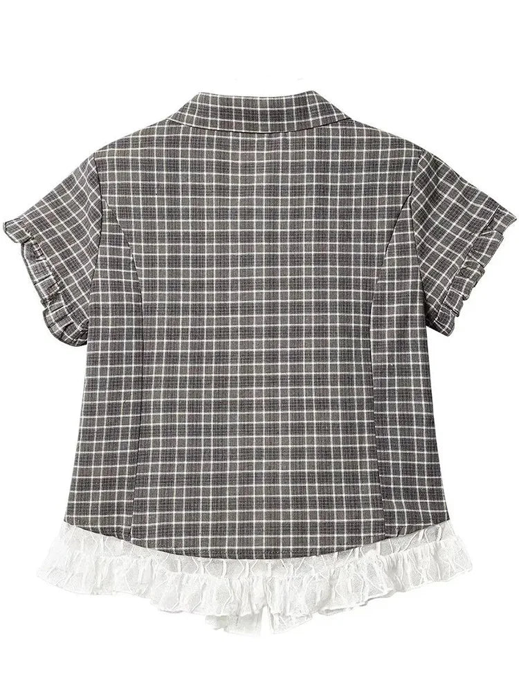 Women's Checked Lace Detail Collared Shirt