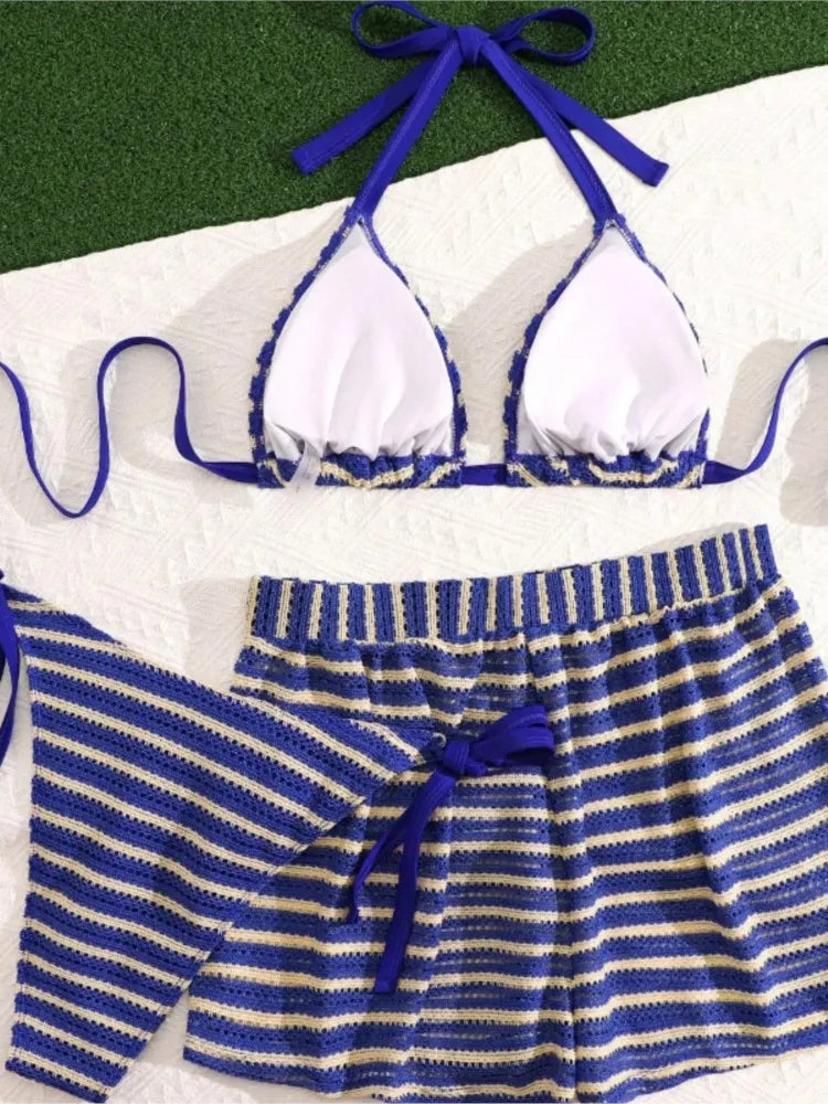 Women's Striped Triangle Bikini with Matching Swim Shorts