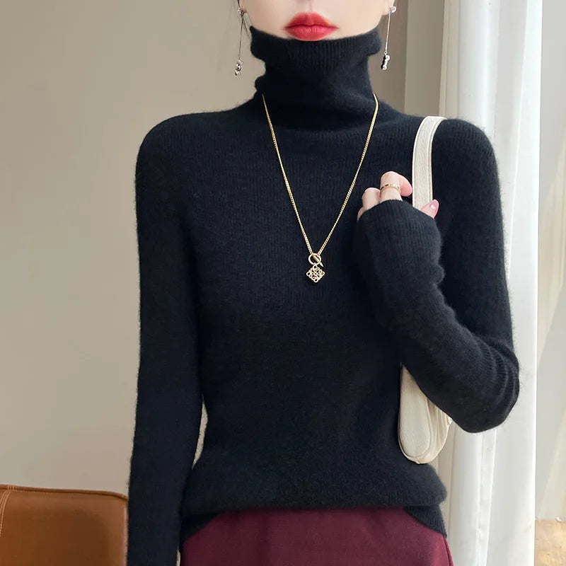 Women's Roll Neck Long Sleeve Sweater Casual Knit Layer