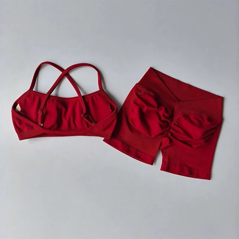 Women's Cross Strap Bra And Shorts Yoga Set