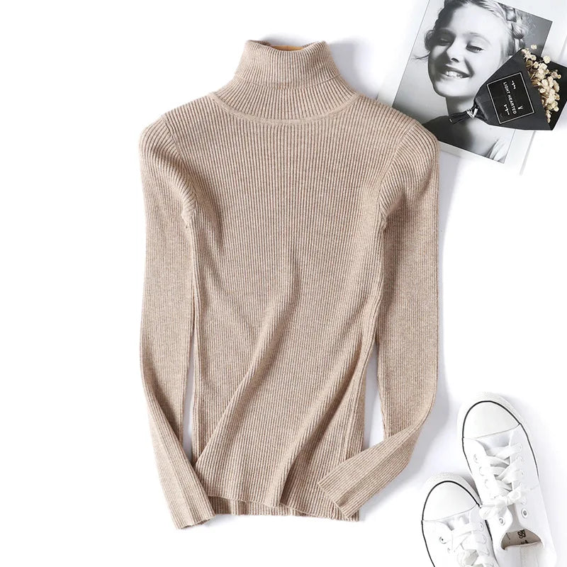 Women's Fitted Ribbed Roll Neck Sweater Casual Knit Layer