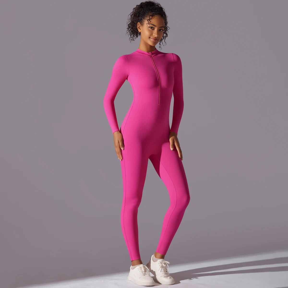 Women's Long Sleeve Nylon Blend Workout Jumpsuit with Round Neck