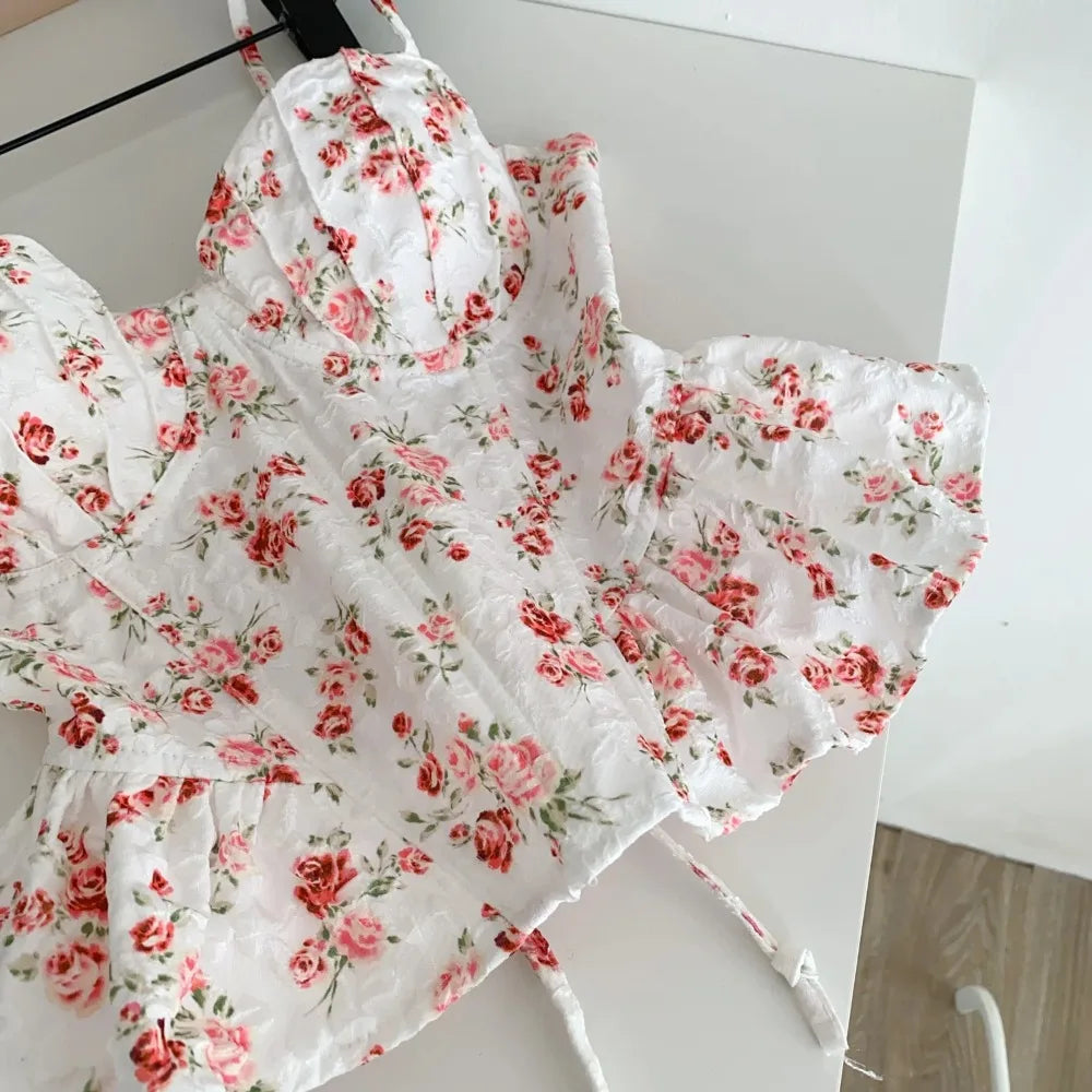 Women's Floral Print Crop Top with Ruffle Details and Cropped Length