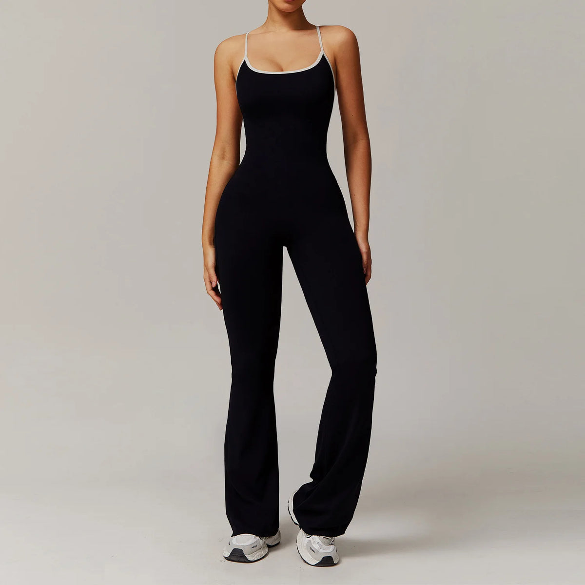 Women's Sleeveless Nylon Blend Flared Workout Jumpsuit with Scoop Neck