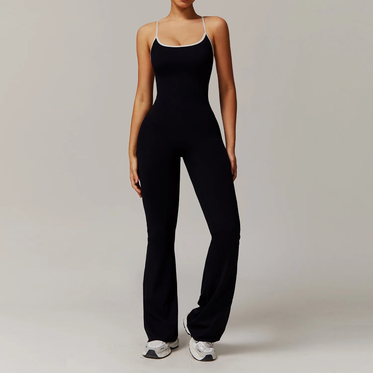 Women's Sleeveless Nylon Blend Flared Workout Jumpsuit with Scoop Neck
