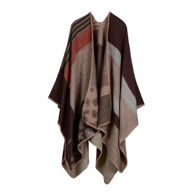 Patterned Fringed Open Front Poncho for Layering over Outfits