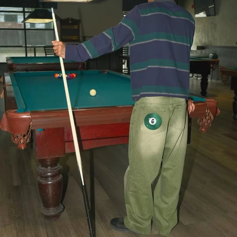 Men's Green Ball Embroidered Wide Leg Denim Jeans for Casual Everyday Wear