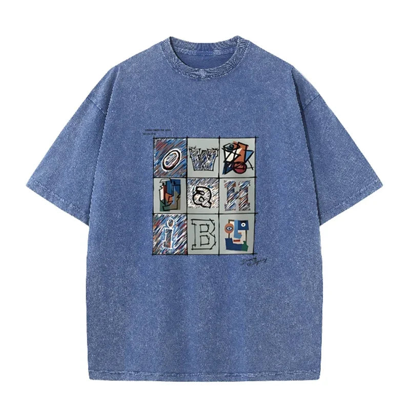 Retro Abstract Alphabet Art T Shirt Picasso Inspired Print Washed Casual Streetwear