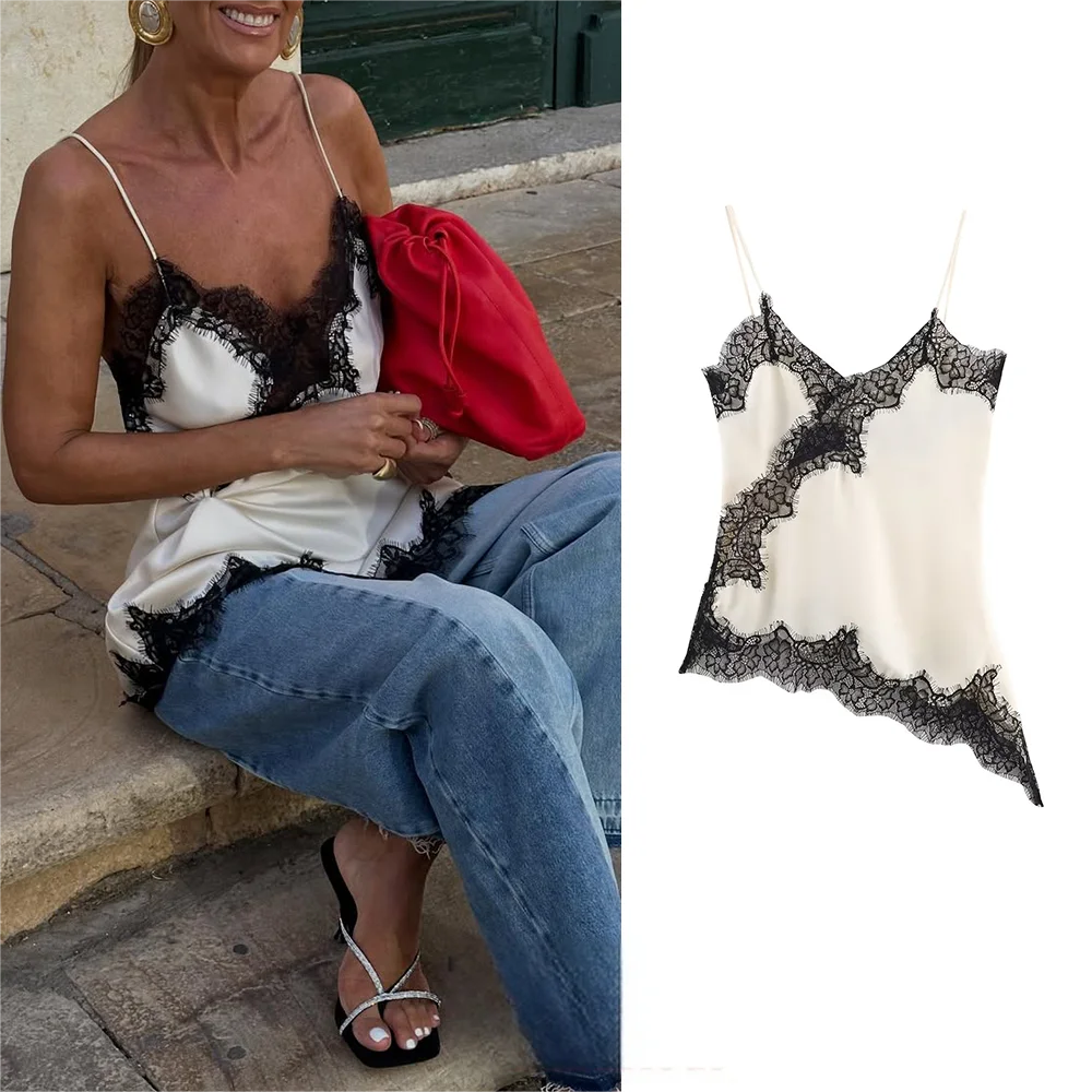 Women's Lace Trim Satin Polyester Camisole with Asymmetric Hem and Length Options