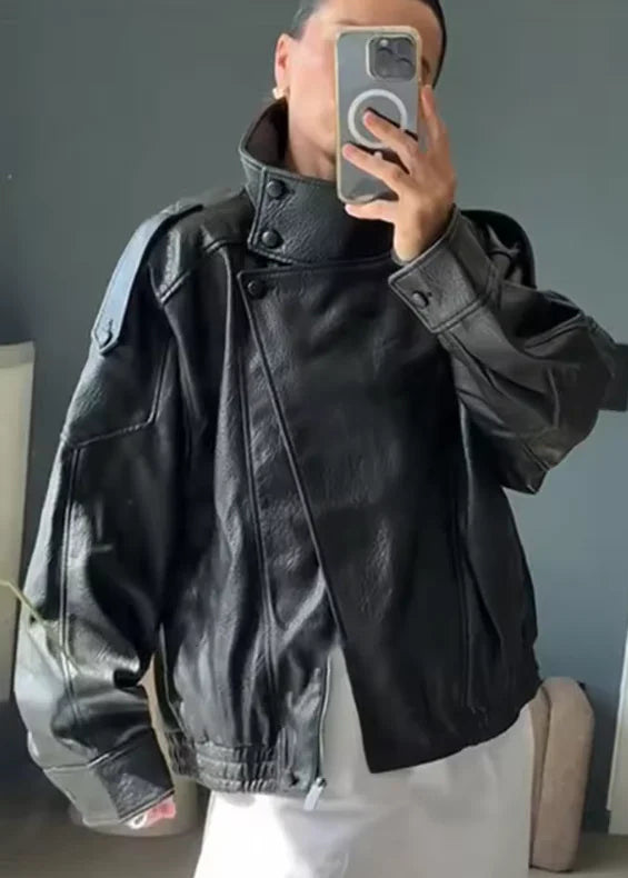 Women's Stand Collar Faux Leather Jacket for Layered Outfits