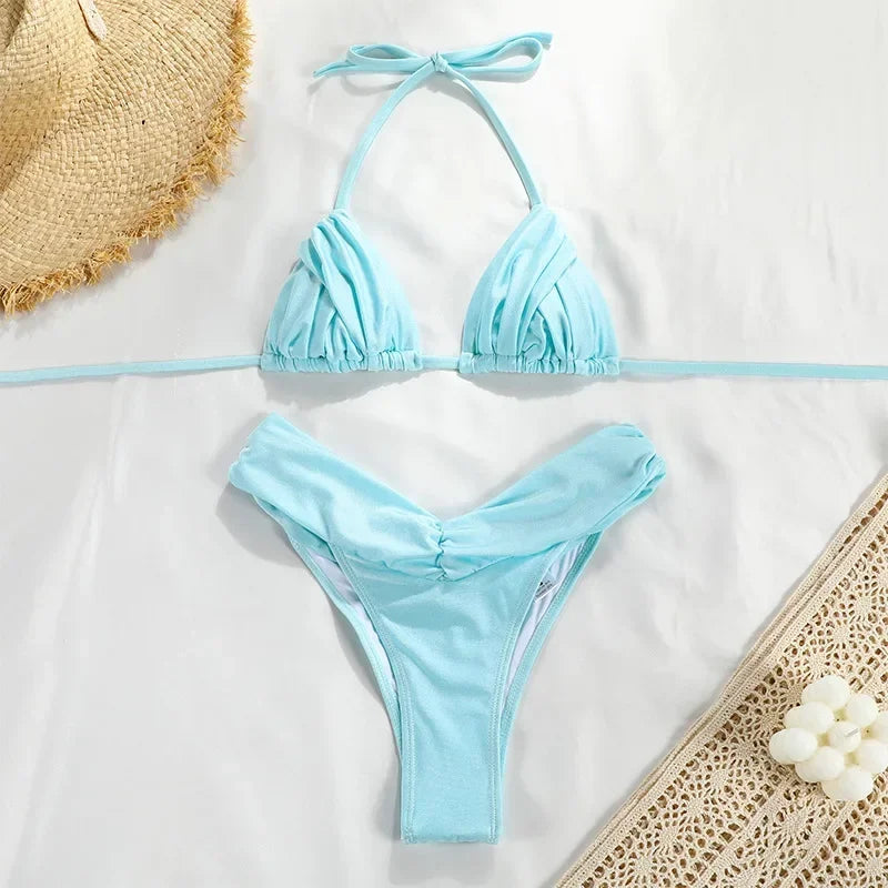 Strappy Solid Color Bikini