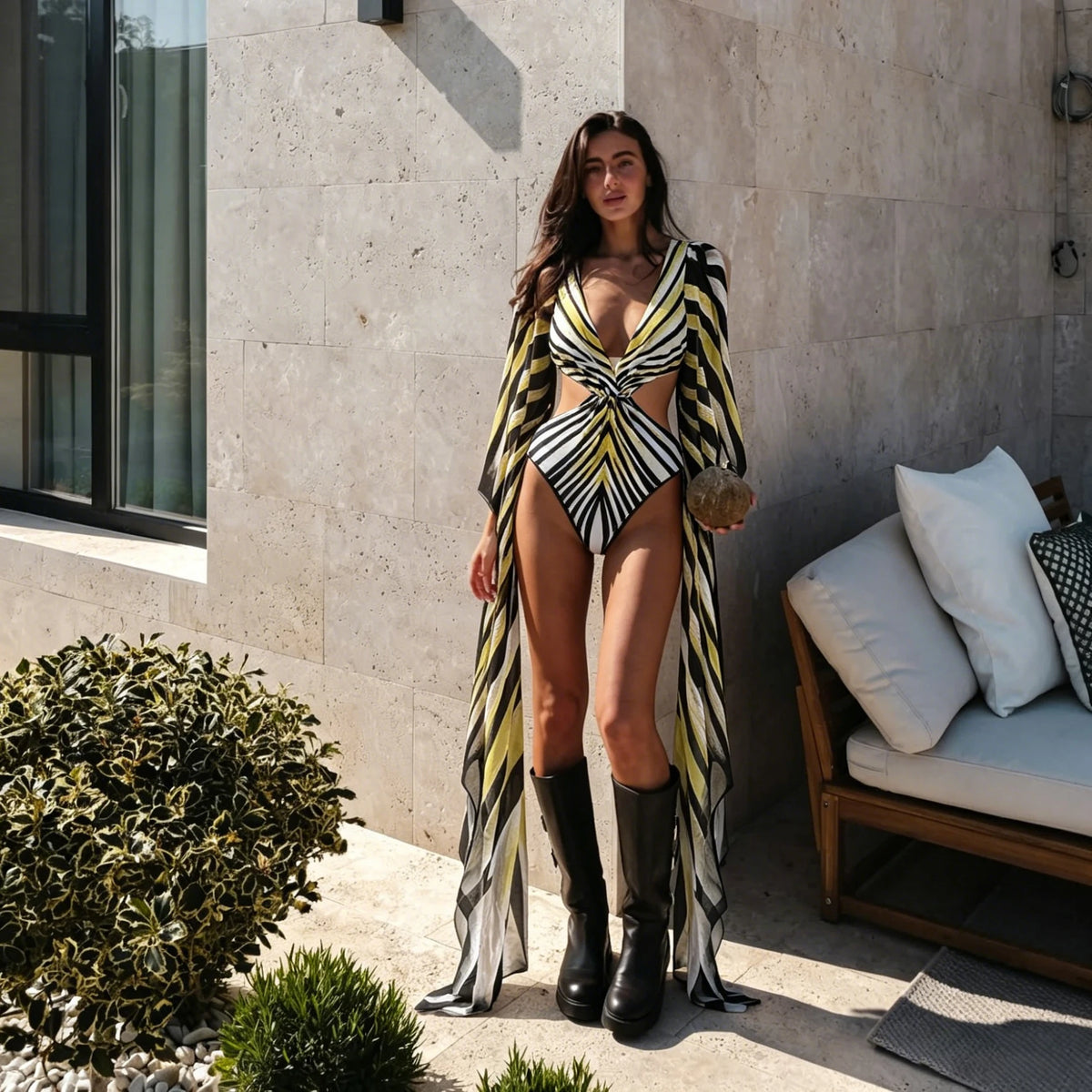 Printed Long Sleeve Swimsuit with Long Skirt