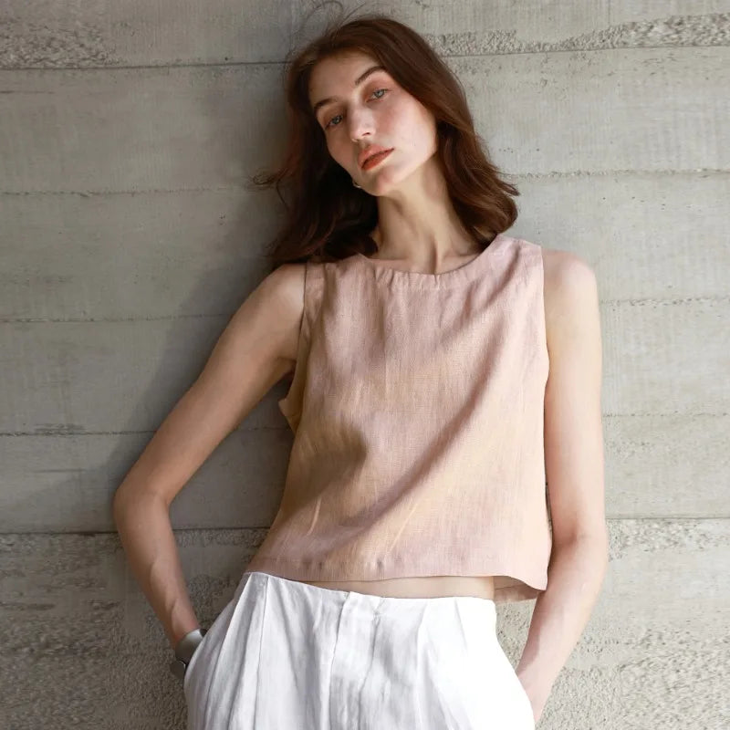 Women's Linen Sleeveless Cropped Tank Top with Button Detail for Casual Outfits
