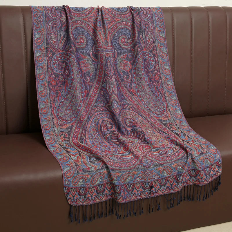 Paisley Floral Print Long Scarf with Fringed Ends