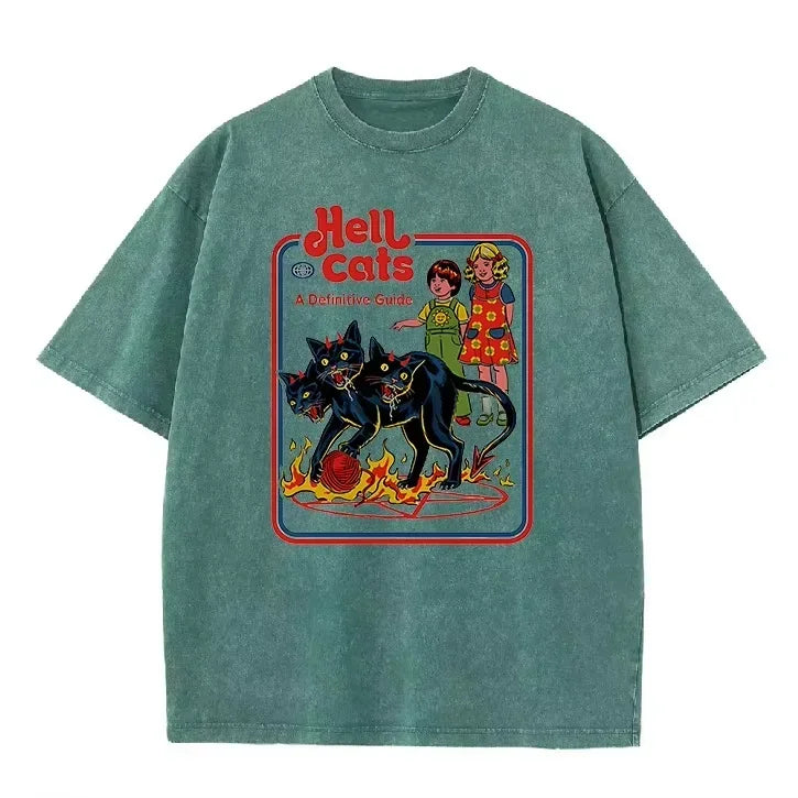 Purple Acid Wash Hell Cats Graphic Casual Retro Streetwear Tee
