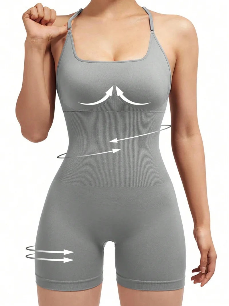 Women's Strappy Open Back Nylon Blend Romper for Yoga and Workouts