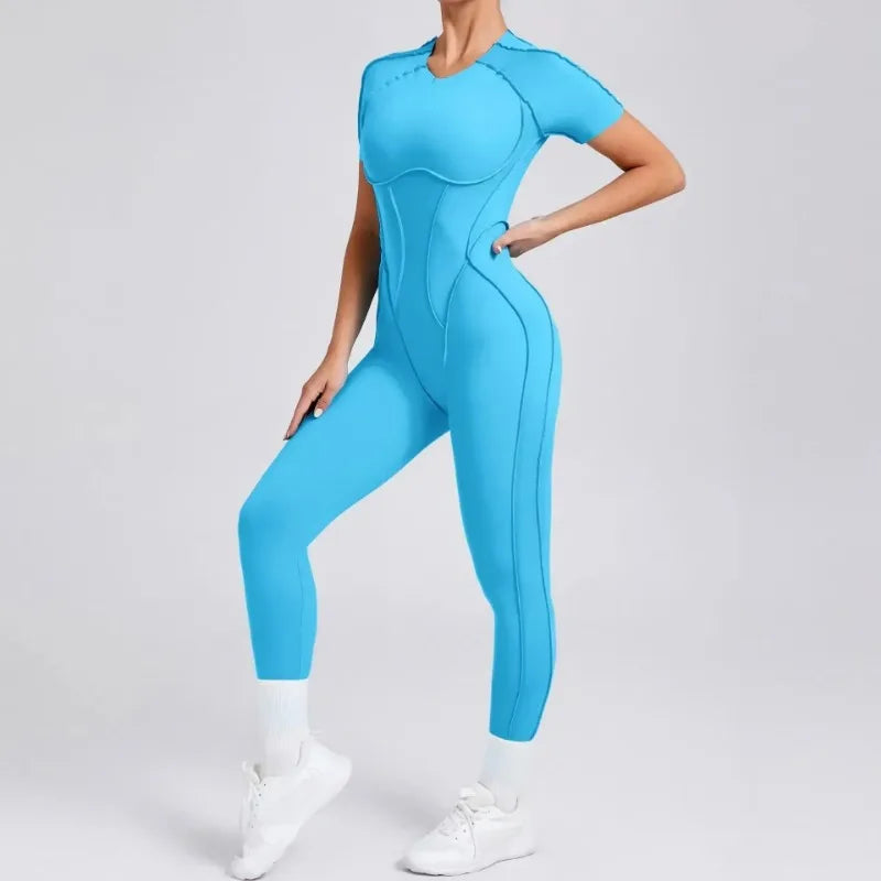 Women's Short Sleeve Nylon Blend Workout Jumpsuit with Open Back
