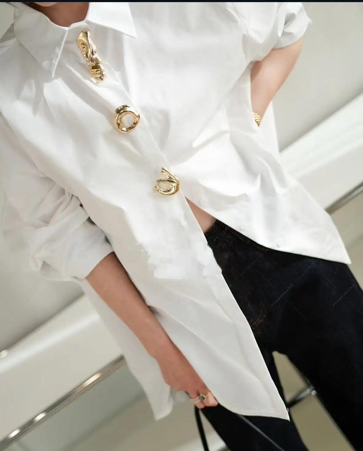 Women's Shirt with Decorative Buttons and Rolled Sleeves