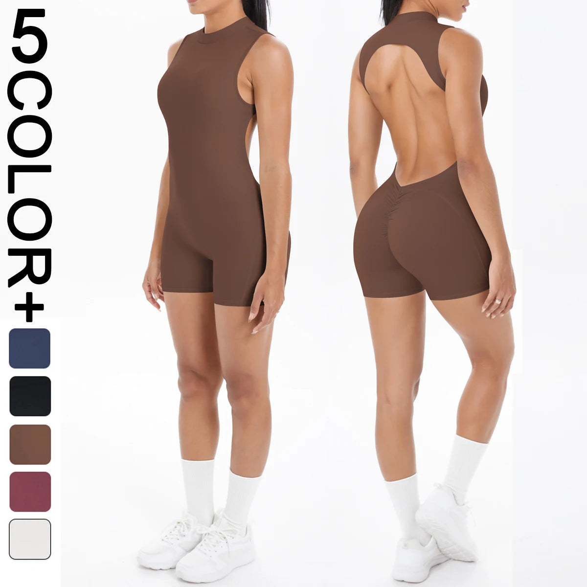 Women's High Neck Nylon Blend Workout Romper with Open Back and Short Legs