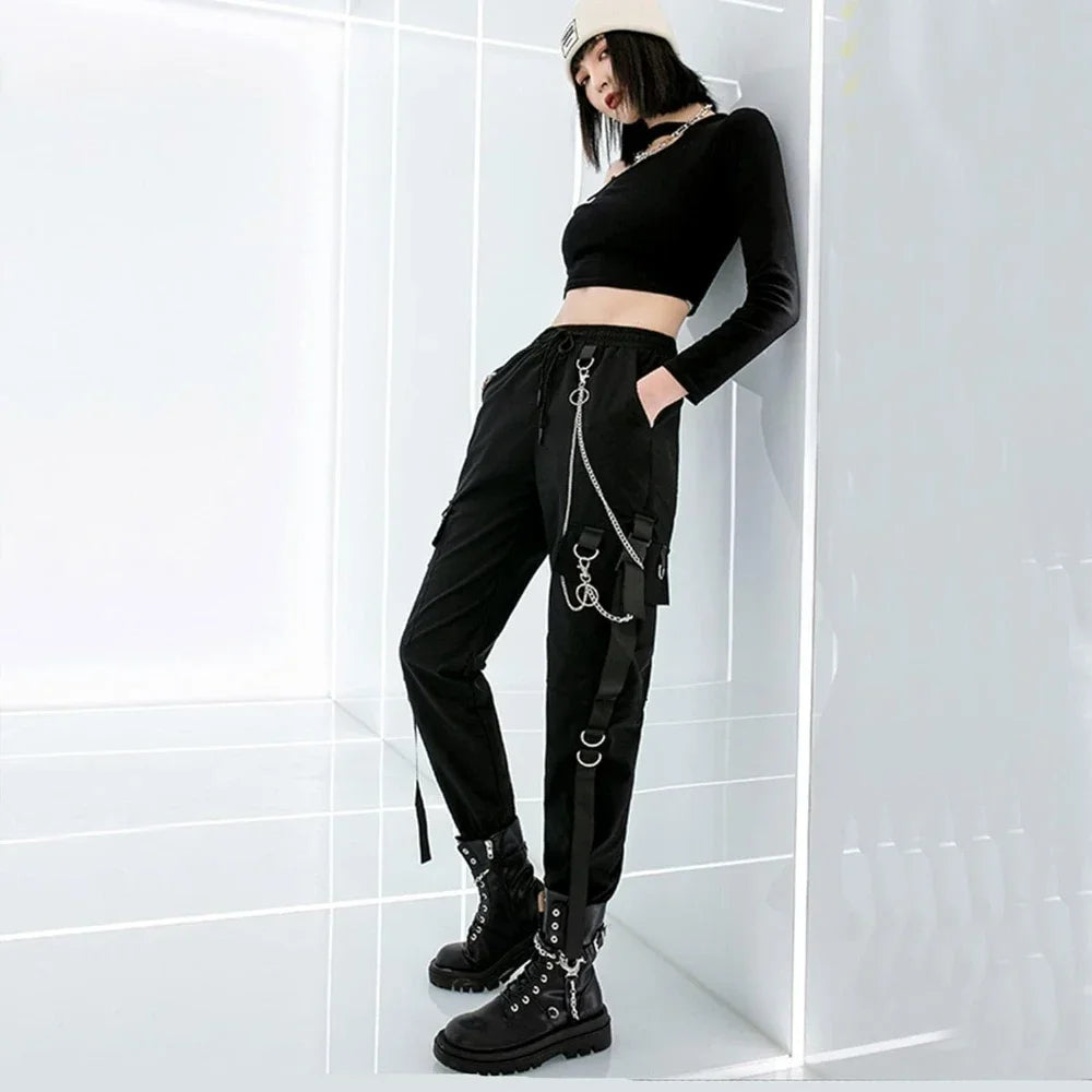 Women's Black Cargo Joggers with Chain and Plain Style Options