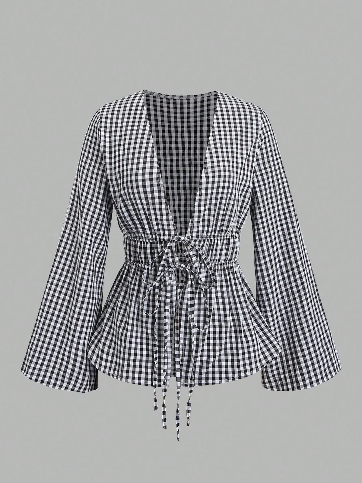 Women's Striped Wrap Blouse with Back Tie and Wide Sleeves