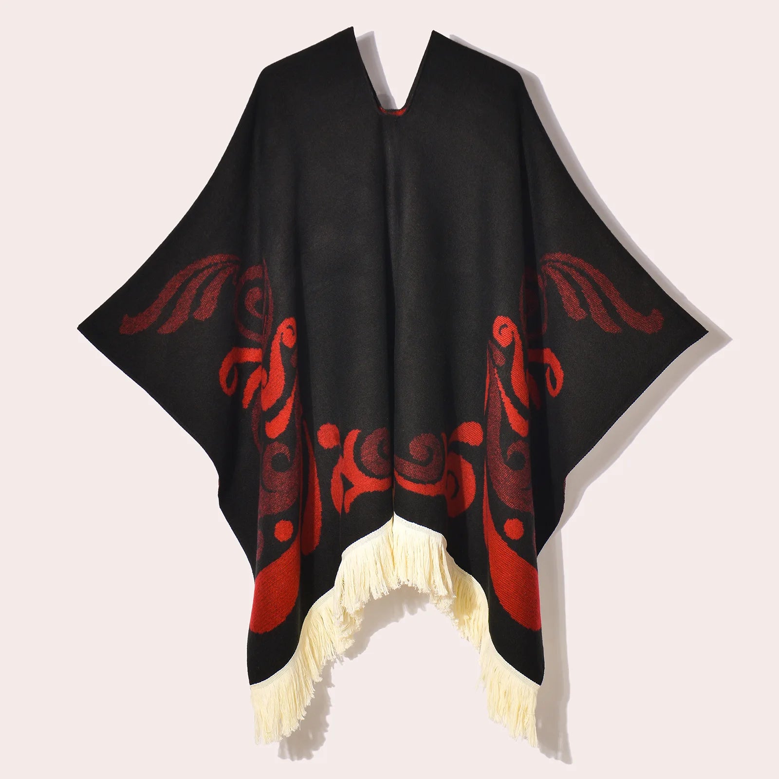 Geometric Pattern Fringe Poncho for Layering over Outfits