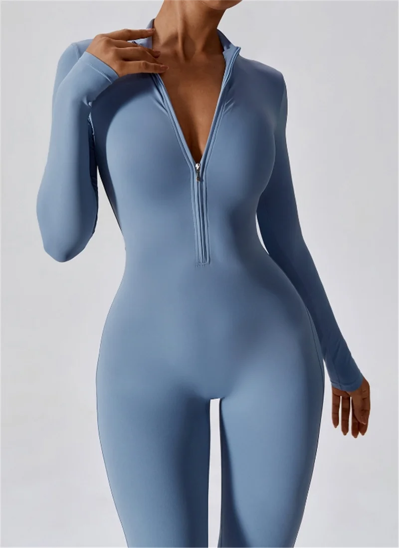 Women's Long Sleeve Nylon Blend Workout Jumpsuit with Half Zip Collar