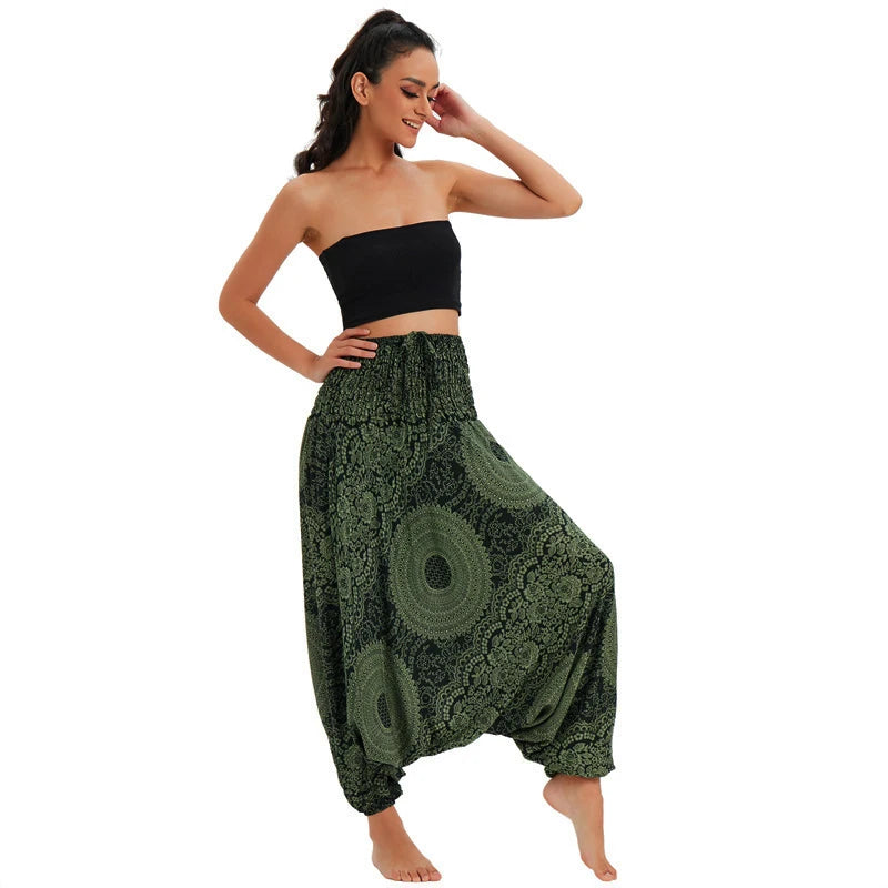 Women's Printed Rayon Harem Pants with Elastic Waist and Convertible Styling